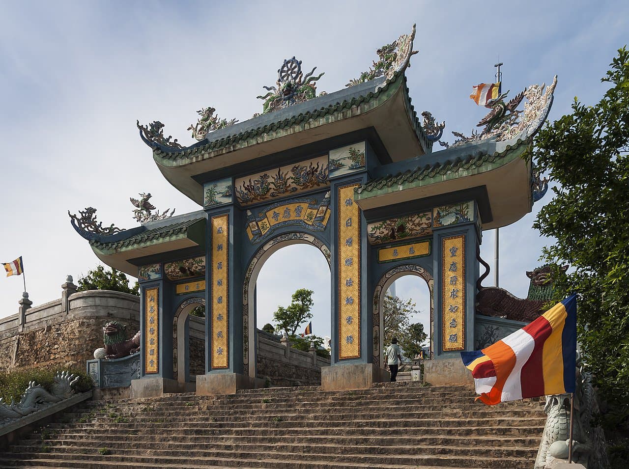 Ornate ceremonial gate to Linh Ung Pagoda on Son Tra Peninsula — Da Nang's most-visited Buddhist complex above the coast